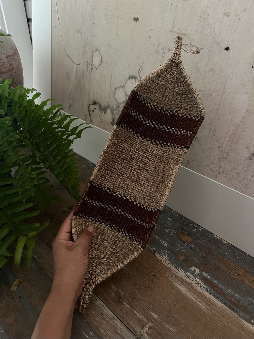 Vintage Ethiopian African Hand-Woven Striped Gambela Canoe Bread Basket